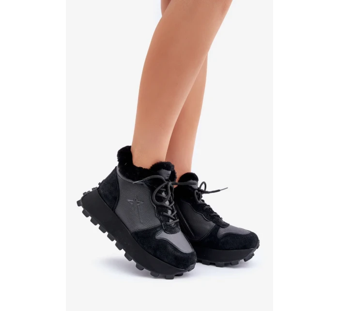 Kožené dámské tenisky trapery s kožešinou na platformě Big Star OO274A329 černé Kožené dámské tenisky trapery s kožešinou na platformě Big Star OO274A329 černé