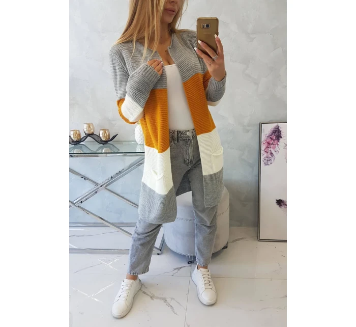 Šedý+hořčičný pruhovaný svetr