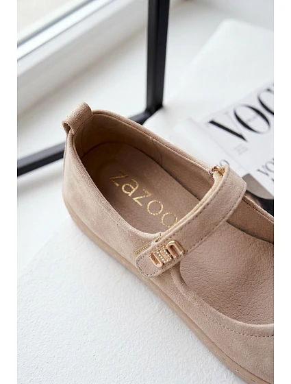 Kožené semišové baleríny Barefoot s páskem model 22073651 béžové - Zazoo