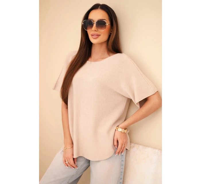 Dámský svetr s krátkým rukávem volného střihu béžový
