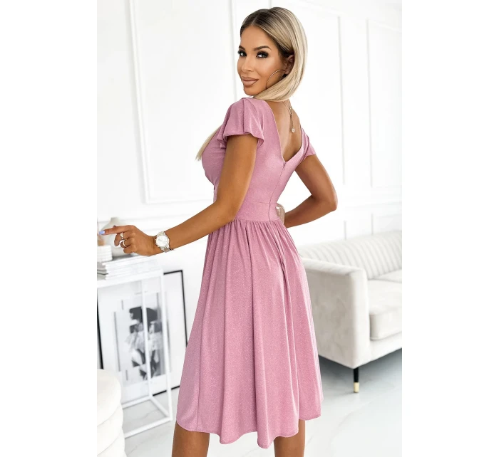 Dámské šaty MATILDE 425-2 - pudrově růžové s brokátem -  Numoco