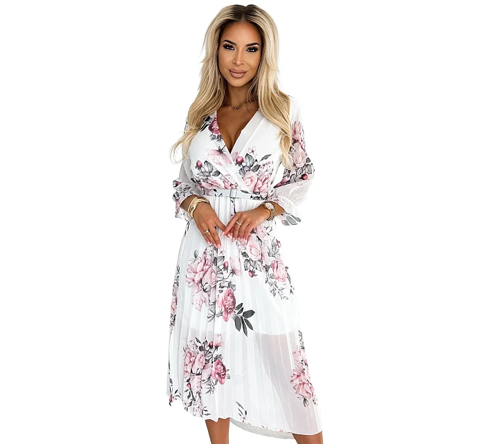 Dámské plisované midi šaty s výstřihem, opaskem a se vzorem růží na pozadí model 22121293 - numoco basic