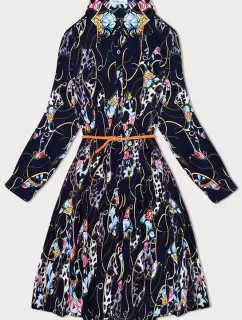 Tmavě modré dámské květované plisované šaty s límečkem (Z-56)