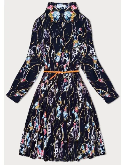 Tmavě modré dámské květované plisované šaty s límečkem model 21130648 - ELISA IMMAGINE Tmavě modré dámské květované plisované šaty s límečkem model 21130648 - ELISA IMMAGINE