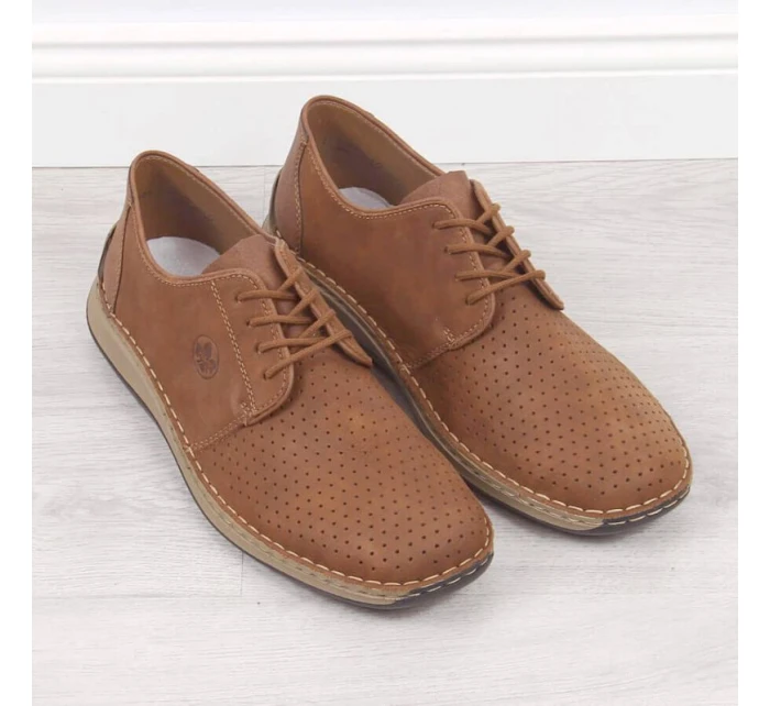 Kožené polobotky Rieker M RKR528 hnědé s ažurovým vzorem