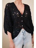 Dámský letní krajkový svetr s knoflíky a dlouhým rukávem černý Dámský letní krajkový svetr s knoflíky a dlouhým rukávem černý