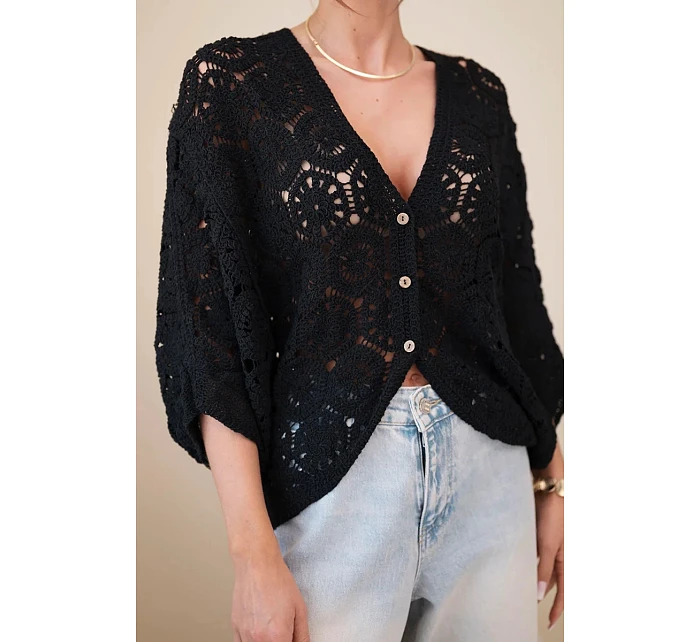 Dámský letní krajkový svetr s knoflíky a dlouhým rukávem černý Dámský letní krajkový svetr s knoflíky a dlouhým rukávem černý