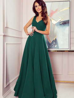 CINDY - Dlouhé dámské šaty v lahvově zelené barvě s výstřihem 246-4