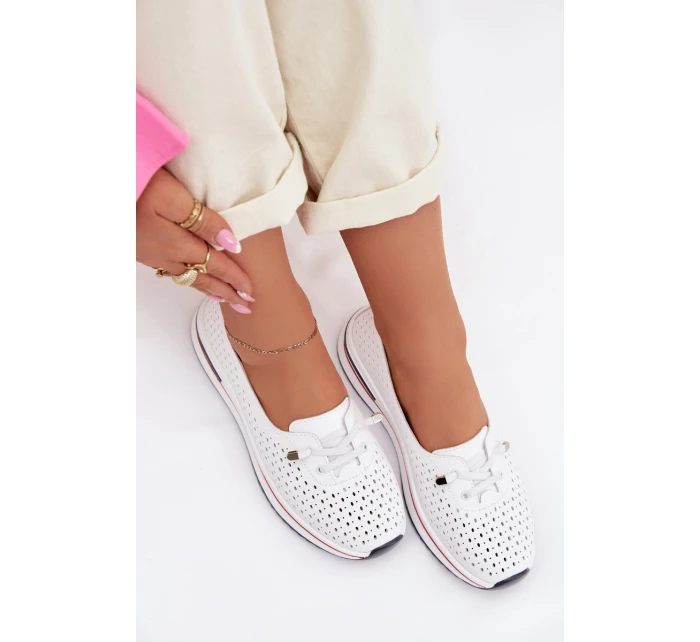 Kožené Ažurové Dámské Polobotky S.Barski LR61-7044 Bílé