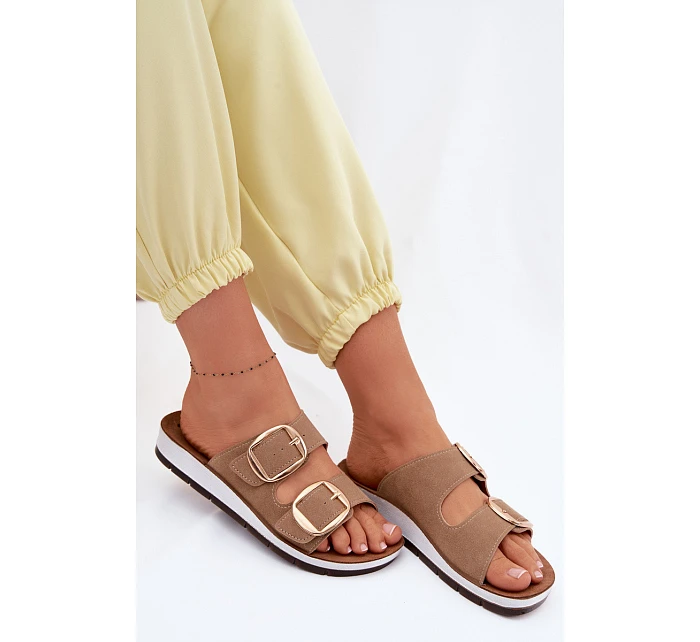 Dámské pantofle se zlatými sponami model 22094931 světle hnědé - Inblu Dámské pantofle se zlatými sponami model 22094931 světle hnědé - Inblu