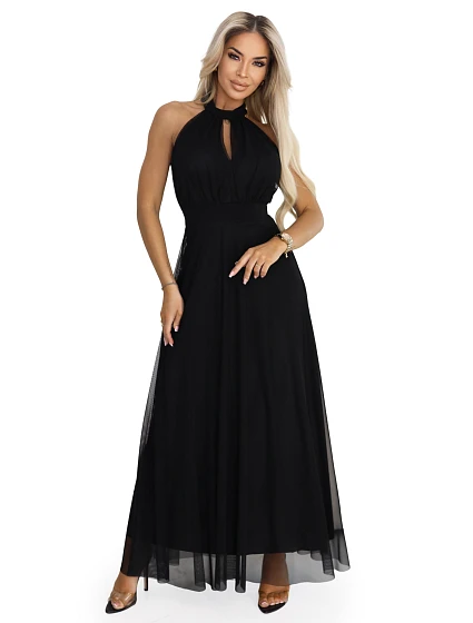 Elegantní maxi večerní šaty na ramínka s a zavazováním v pase černé model 21961746 - numoco basic Elegantní maxi večerní šaty na ramínka s a zavazováním v pase černé model 21961746 - numoco basic