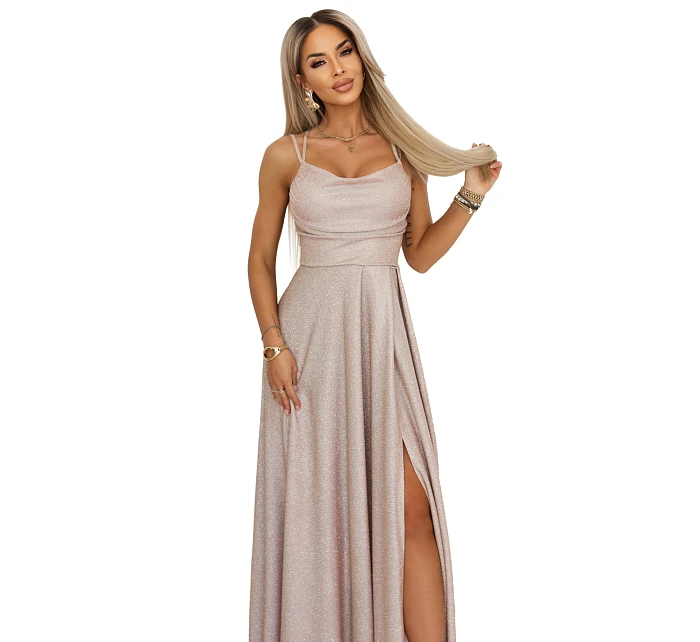 589-4 Dlouhé šaty s jemným třpytem a korzetovým zavazováním na zádech - béžovo-růžové s třpytkami