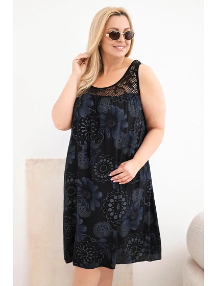 Dámské šaty Plus Size z viskózy s květinovým vzorem a krajkovým výstřihem černá