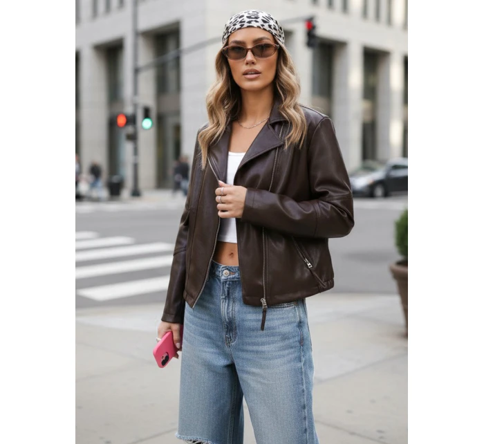 Dámská kožená krátká bunda ramon hnědá FashionStreet TY5628