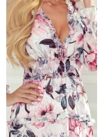 421-1 Šifonové šaty s volánky a širokou gumou - RŮŽOVÉ KVĚTY