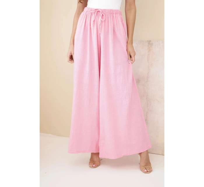 Dámské široké bavlněné kalhoty s gumou v pase cukrově růžová Dámské široké bavlněné kalhoty s gumou v pase cukrově růžová