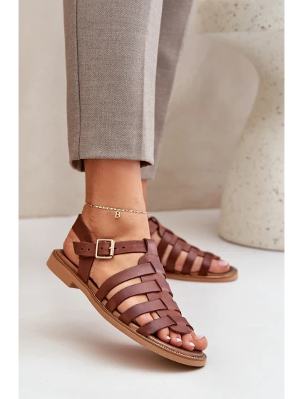 Kožené sandály na plochém podpatku hnědé Zazoo model 21682324 - Boto Kožené sandály na plochém podpatku hnědé Zazoo model 21682324 - Boto