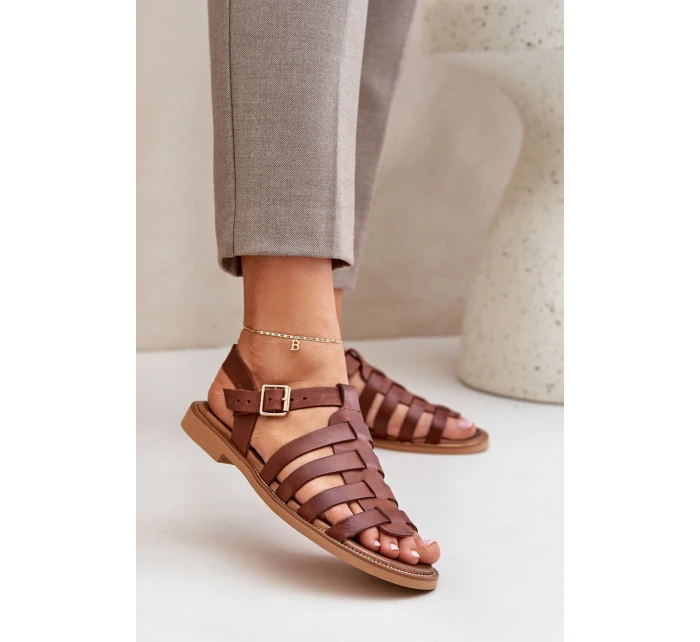 Kožené sandály na plochém podpatku hnědé Zazoo model 21682324 - Boto Kožené sandály na plochém podpatku hnědé Zazoo model 21682324 - Boto