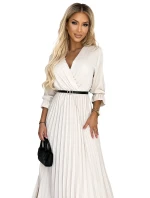 462-1 SERENA Plisované maxi šaty s výstřihem, páskem a 3/4 rukávy - BEACH