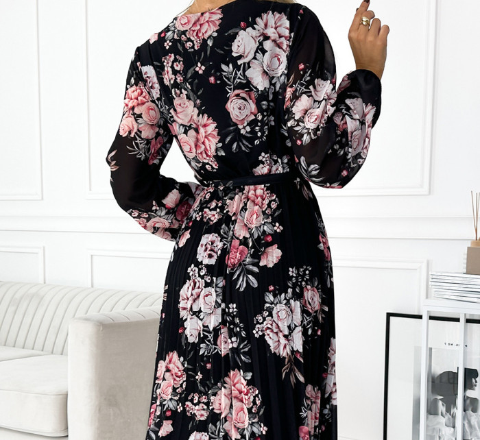 Černé dámské plisované midi šaty s výstřihem, dlouhými rukávy, zavazováním v pase a se vzorem červeno-růžových květů 502-2