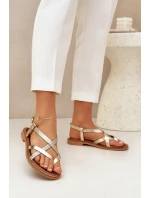 Kožené Ploché Sandály S Pásky Zlaté model 21683991 - Zazoo Kožené Ploché Sandály S Pásky Zlaté model 21683991 - Zazoo