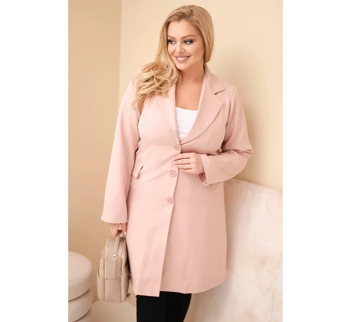Dámský kabát Plus Size dlouhý s límcem a kapsami tmavě pudrově růžový