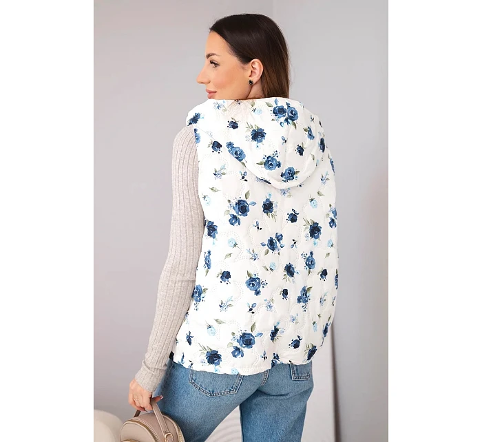 Dámská prošívaná vesta s květinovým vzorem a kapucí námořnická modrá