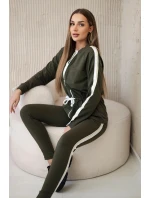 Dámská bavlněná souprava s proužky a stahovacími lemy khaki