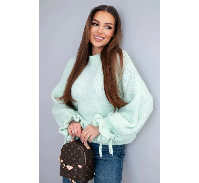 Dámský svetr s přídavkem mohairu s hrubým pletením a ozdobnými rukávy mátový Dámský svetr s přídavkem mohairu s hrubým pletením a ozdobnými rukávy mátový
