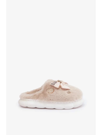 Futrzané Pantofle S Mašlí A Brožemi Béžové Annalira Futrzané Pantofle S Mašlí A Brožemi Béžové Annalira
