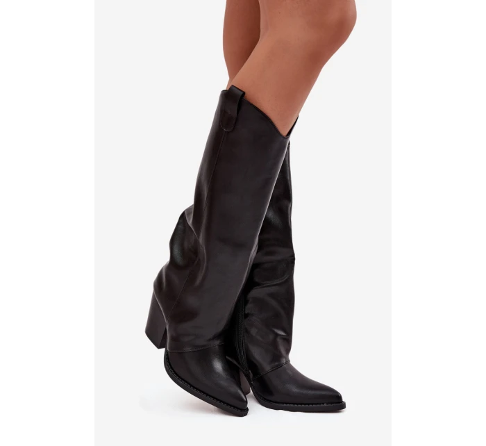 Dámské zateplené kovbojské kozačky na sloupkovém podpatku Mavine – černé Dámské zateplené kovbojské kozačky na sloupkovém podpatku Mavine – černé