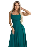 Maxi šaty bez ramínek s zavazováním na zádech a rozparkem lahvově zelené model 21956242 - numoco