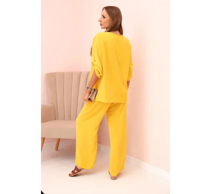 Dámský komplet s halenkou s náhrdelníkem a širokými nohavicemi žlutý Dámský komplet s halenkou s náhrdelníkem a širokými nohavicemi žlutý