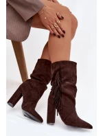Dámské kotníkové boty na podpatku s třásněmi a žebrováním Zateplené Čokoládové model 21757539 - Boto