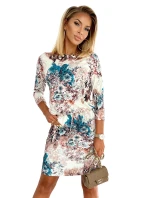Béžové dámské sportovní šaty s vzorem světle modrých květů a s kapsičkami 13-146 Béžové dámské sportovní šaty s vzorem světle modrých květů a s kapsičkami 13-146