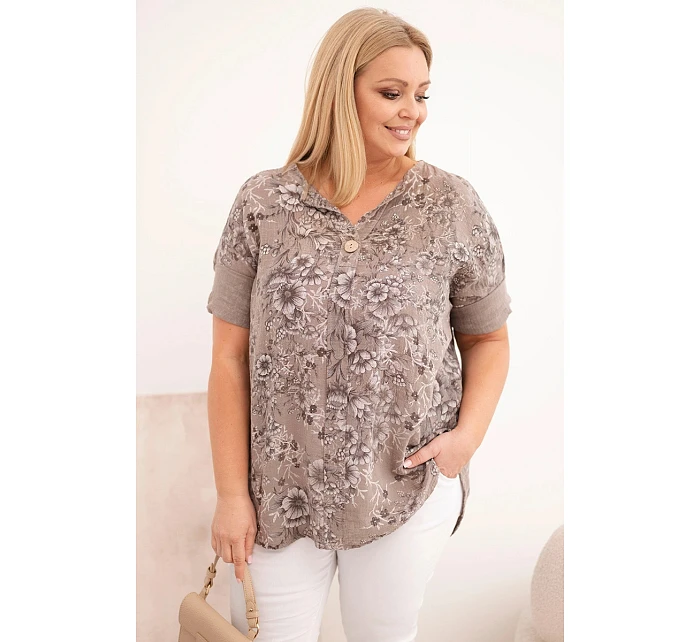 Dámská bavlněná halenka Plus Size s krátkým rukávem a ozdobným knoflíkem fango