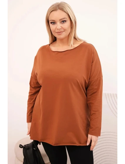 Dámská blůza Plus Size asymetrická s dlouhým rukávem tmavě camelová