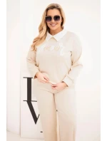 Dámská souprava model 21924584 Plus Size s širokými nohavicemi a límečkem béžová - K-Fashion Dámská souprava model 21924584 Plus Size s širokými nohavicemi a límečkem béžová - K-Fashion