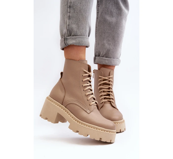 Dámské kožené botky na podpatku béžové model 21644578 - Zazoo