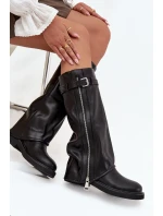 Dámské kozačky s ohrnovaným svrškem, sponou a stříbrným zipem, zateplené Bressa – černé