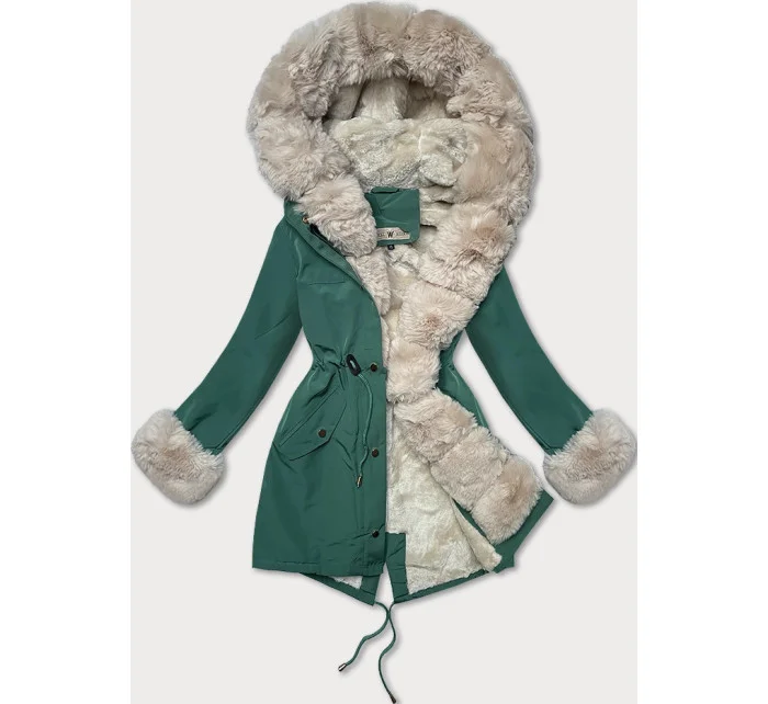 Dámská bunda parka v tmavě mátové barvě s kožešinovou podšívkou l 21248922 - WAY MODE