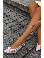 Růžové síťované sandály na podpatku s mašlí Moona
