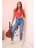 Dámská pruhovaná blůza s V výstřihem a krátkým rukávem neonově růžová Dámská pruhovaná blůza s V výstřihem a krátkým rukávem neonově růžová