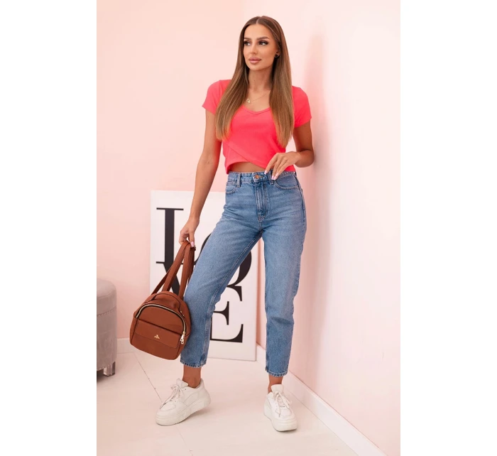 Dámská pruhovaná blůza s V výstřihem a krátkým rukávem neonově růžová Dámská pruhovaná blůza s V výstřihem a krátkým rukávem neonově růžová