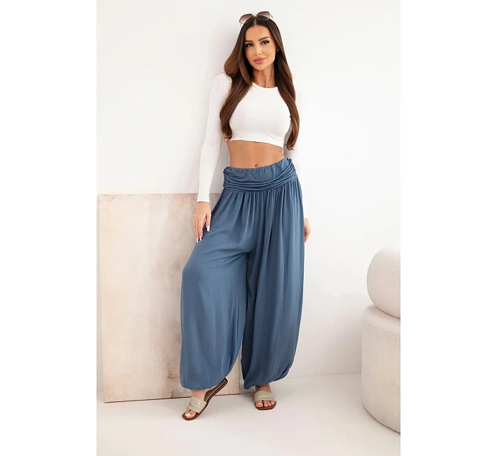 Dámské viskózové kalhoty s širokou nohavicí a nařasením džínové