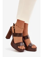 Dámské sandály na podpatku a platformě kůže Čokoládové model 21943437 - Boto
