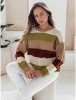 Dámský pruhovaný svetr CALVENA camel green FashionStreet MY2559