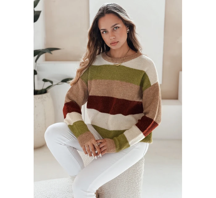 Dámský pruhovaný svetr CALVENA camel green FashionStreet MY2559