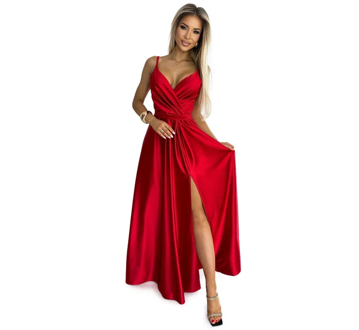 Elegantní dlouhé červené saténové dámské šaty s výstřihem a rozparkem na noze model 19403023 - numoco