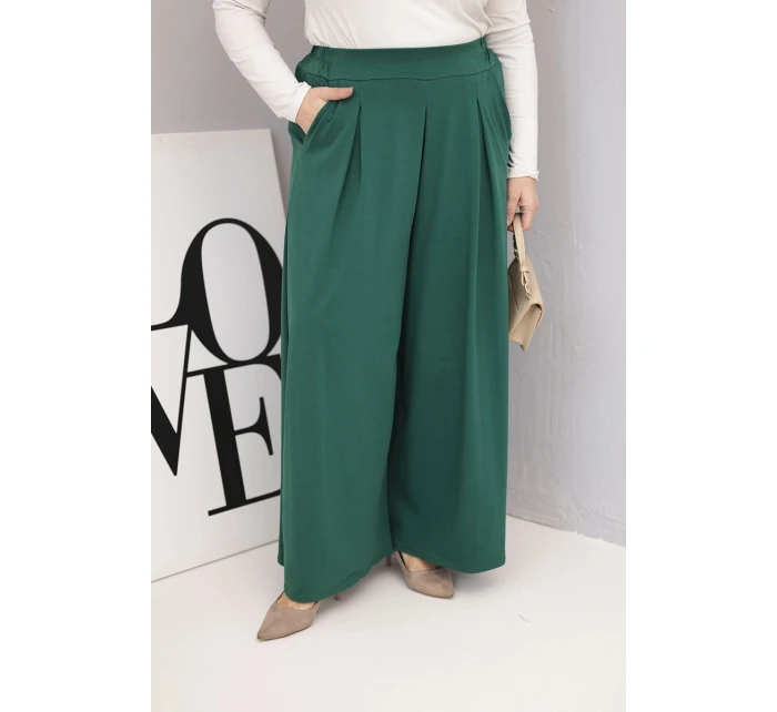 Dámské bavlněné kalhoty Plus Size s širokými nohavicemi a volným střihem tmavě zelené Dámské bavlněné kalhoty Plus Size s širokými nohavicemi a volným střihem tmavě zelené